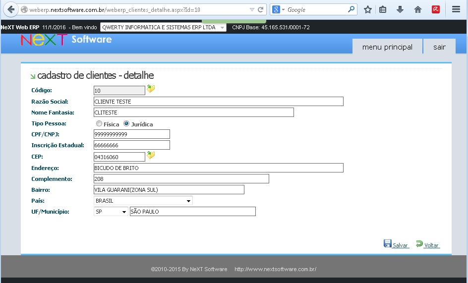 NeXT Web ERP Cadastro de Clientes online