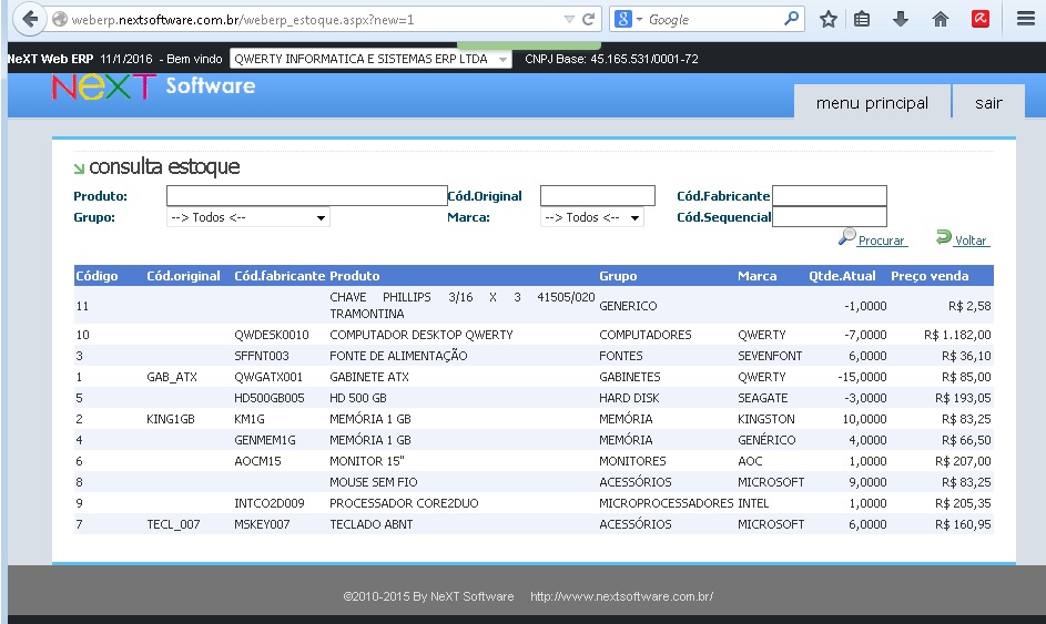 NeXT Web ERP Consulta Estoque