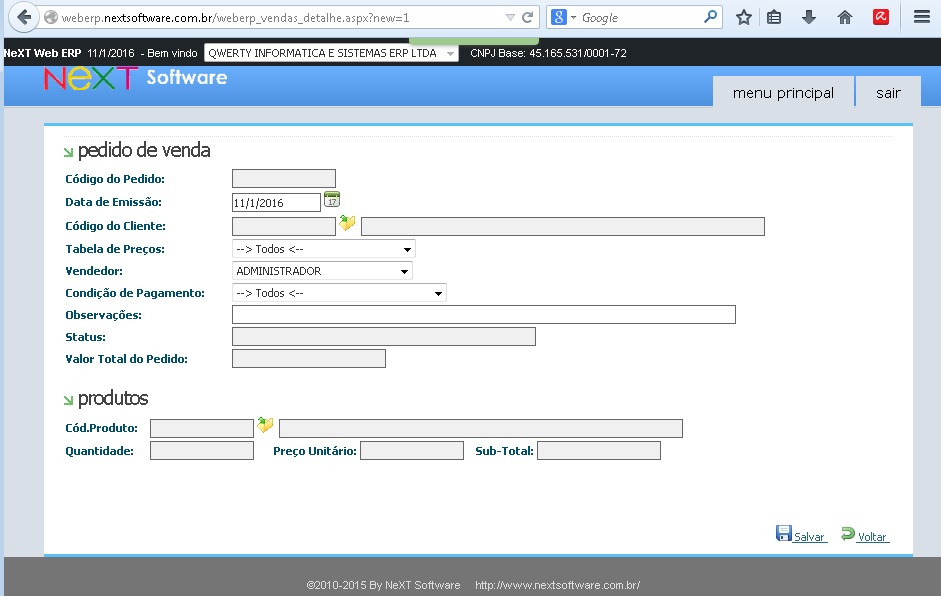 NeXT Web ERP Pedido de Venda online